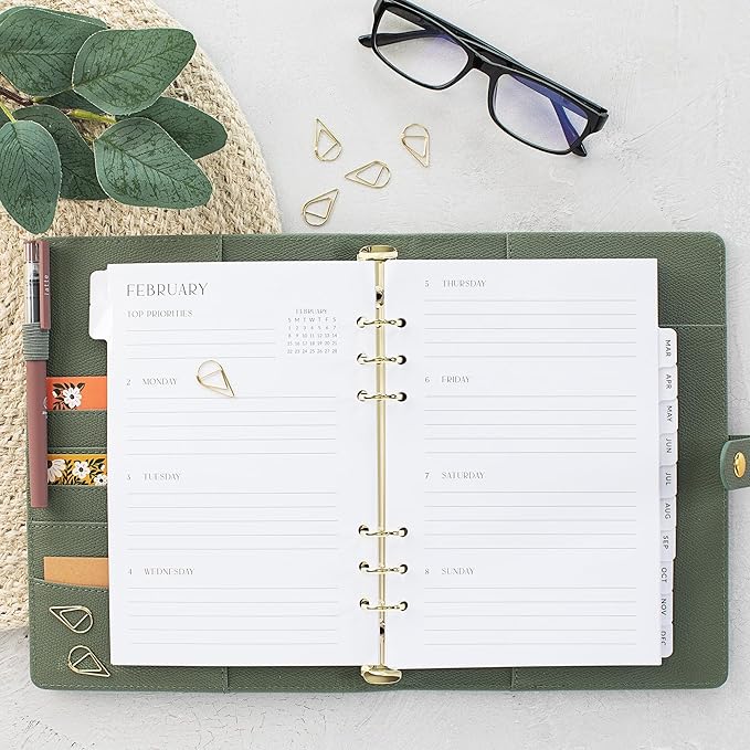 Beautiful 2026 Daily Planner Inserts for 6 Ring Binders – Durable A5 Paper Refill Set 5.5" x 8.3" - Refills Incl. Tabs & Monthly Calendar Spreads - From January 2026 - December 2026