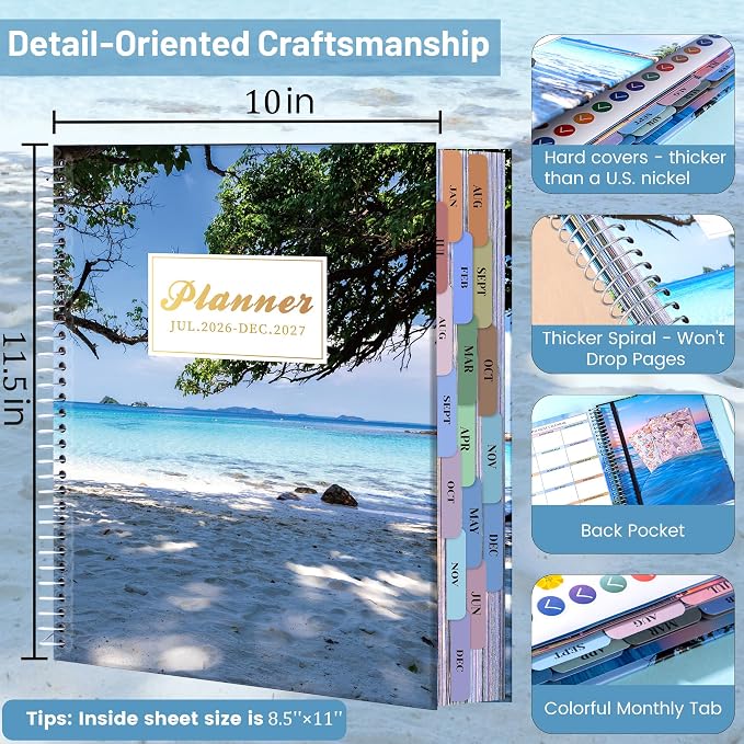 CAGIE Planner 2026-2027 Weekly and Monthly,18 Month (Jul. 26-Dec. 27) Planners Calendar with Hourly Timeslot, 10"x11.5", Large Hardcover Spiral Daily Planner with Tab for Work, Home,Teacher, Sea