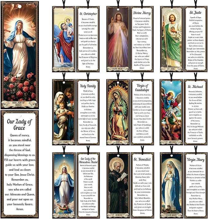 Bozidol 50 Pcs Catholic Saints Bookmarks Bulk, Christian Religious St. Michael Virgin Mary Prayer Bookmarks, Inspirational Bible Verse Book Markers for Women Men Church Sunday School Supplies