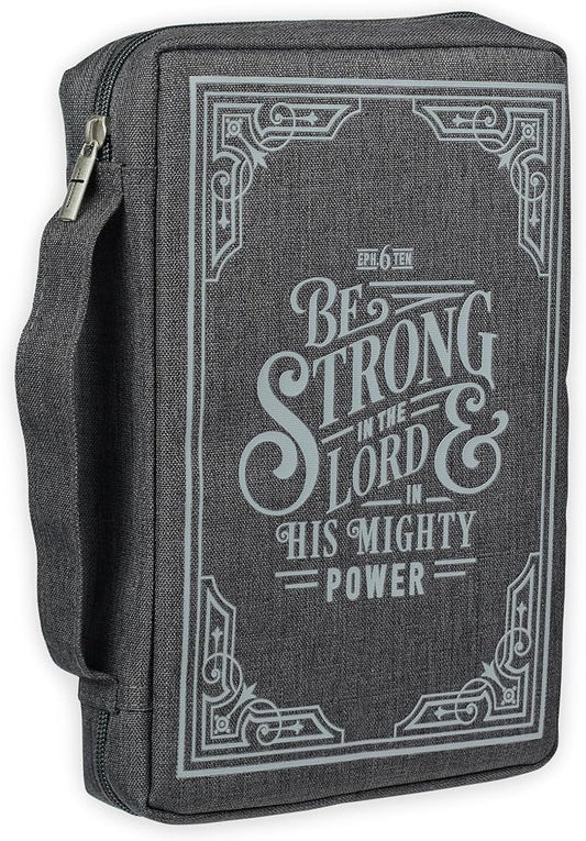 Christian Art Gifts Men/Women's Bible Cover Strong in The Lord Ephesians 6:10, Gray Canvas, Medium