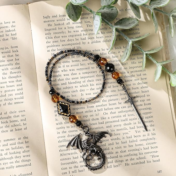 Dragon Sword Bookmark Gifts - Black Fantasy Fourth Beaded Bookmarks for Men Book Lovers Crystal Bead Chain Wing Page Marks School Office Reading Accessories Bookish Gift for Birthday Christmas