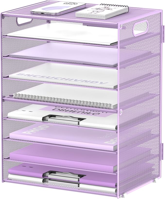 DALTACK 9-Tier Paper Organizer for Desk, Mesh Letter Tray Desk Organizer with Handles, Space-Saving File Organizer for Office Home School, Purple
