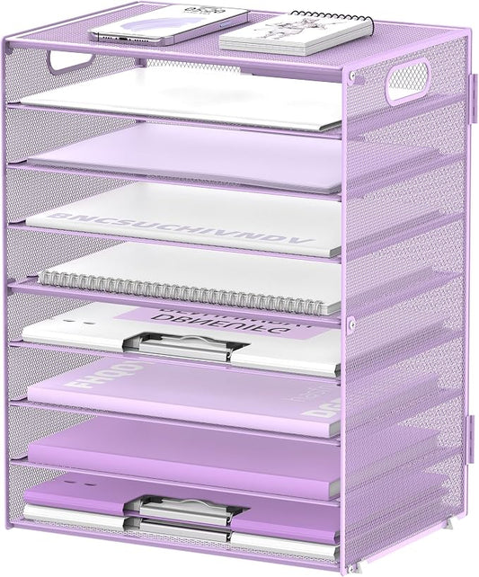 DALTACK 9-Tier Paper Organizer for Desk, Mesh Letter Tray Desk Organizer with Handles, Space-Saving File Organizer for Office Home School, Purple