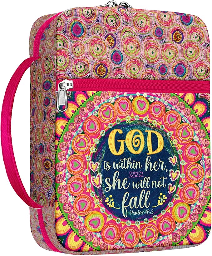 God Is Within Her Bible Cover for Women, Scripture Bible Case with Handle and Zipper Pocket, Canvas Bible Bag Fits Standard Size, Christian Gift for Girls, Church Use, Bible Study Organizer