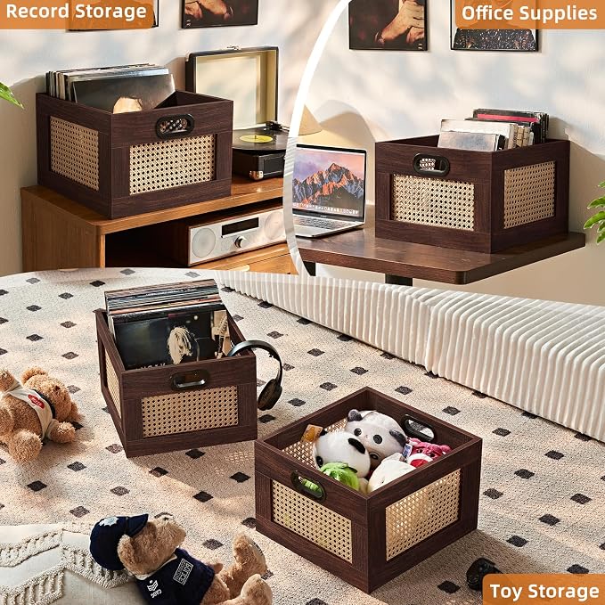 LELELINKY Vinyl Record Storage Crate, Rattan Vinyl Record Holder with Handle, Wood Record Crate for Vinyls Holder up to 75 LP's, Desktop Cube Album Storage for Vinyls Records(Walnut)
