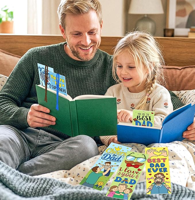 100 Pcs Father's Day Color Your Own Bookmarks for Kids, Bulk Dad DIY Coloring Blank Bookmarks with Ribbons, School Classroom Home Art Crafts Kits Activity, Happy Father's Day Gifts from Daughter Son