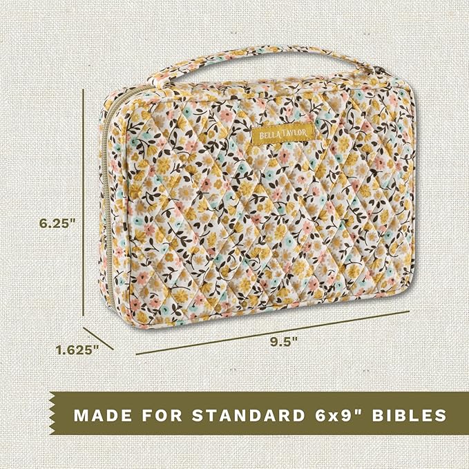 Bella Taylor Small Bible Cover for Women, Quilted Cotton Fabric Bible Case for 6 x 9 inch Bibles, Prairie Meadow
