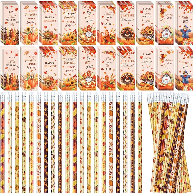 240 Pcs Fall Pencils Bookmark Bulk Thanksgiving Party Favor 120 Set Autumn Pencil Pumpkin Bookmark Fall Gift Treat Goodie Bag Stuffer Basket for Autumn Harvest Prize Supplies