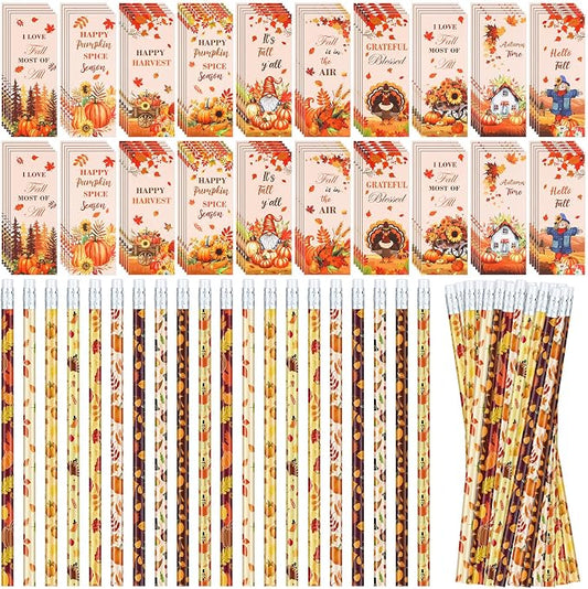 240 Pcs Fall Pencils Bookmark Bulk Thanksgiving Party Favor 120 Set Autumn Pencil Pumpkin Bookmark Fall Gift Treat Goodie Bag Stuffer Basket for Autumn Harvest Prize Supplies