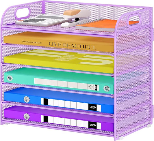 Cawukege 6 Tier Paper Organizer, Purple Letter Tray with Handle, Mesh Desk Organizer, Metal File Organizer, Office Desk Accessories for Home, Office, Classroom, School