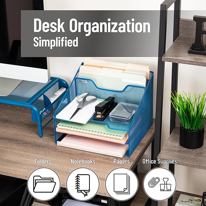 Mind Reader Metal Mesh Desktop File Organizer, 3-Tier Paper Tray with 5 Compartments, Office Mail Sorter, Turquoise