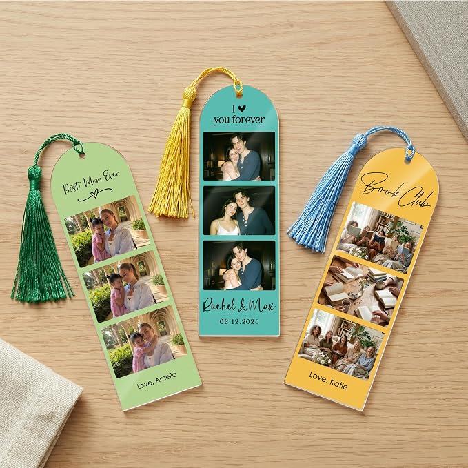 Personalized Photo Acrylic Bookmark with Tassel, Custom Picture Gift with 3 Photos and Text, Gift for Book Lovers, Best Friend, Mom, Couple Anniversary