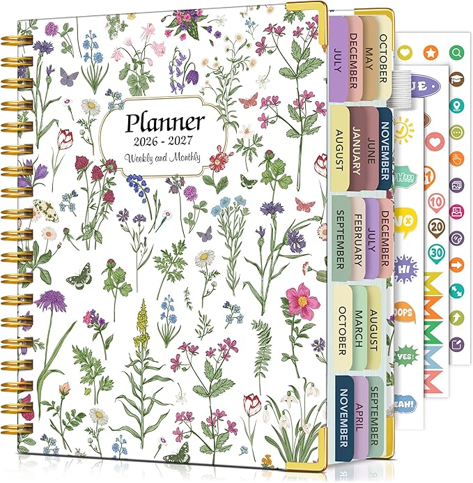 Academic Planner 2026-2027, 18 Months Weekly and Monthly Calendar Planner from July 2026 - December 2027, 7.3" x 10" B5 Large Hardcover Agenda Organizer Book with Tabs, Yearly Daily Planners for School Work Student Teacher, White Spring flower