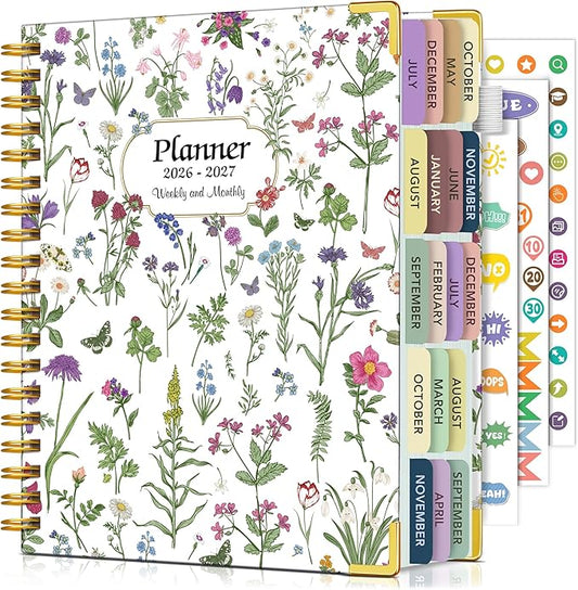 Academic Planner 2026-2027, 18 Months Weekly and Monthly Calendar Planner from July 2026 - December 2027, 7.3" x 10" B5 Large Hardcover Agenda Organizer Book with Tabs, Yearly Daily Planners for School Work Student Teacher, White Spring flower