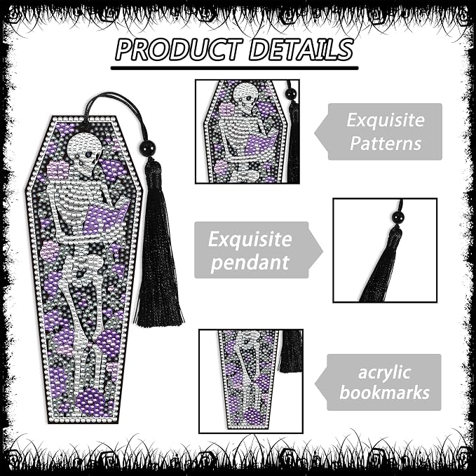 8 Pcs Gothic Skeleton Diamond Art Bookmarks Kit, Skull Halloween Diamond Painting Bookmarks with Tassels for Adults, DIY Horror Book Mark Craft Set for Women Men Reading Lovers