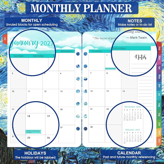 2027 Planner Refills - Jan. 2027 - Dec. 2027, 7 Holes, Planner Refills 2027, 5.5'' x 8.5'', A5 Weekly & Monthly Planner Inserts, Colorful Monthly Tabs