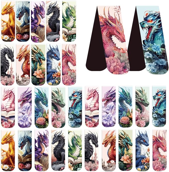 Dragon Floral Book Magnetic Bookmarks: 30 PCS Fantastic Dragon Book Mark Clips for Men Teens, Mythical Creature Book Accessories, Cool Reading Gifts for Men Boys Book Lovers, School Office Supplies