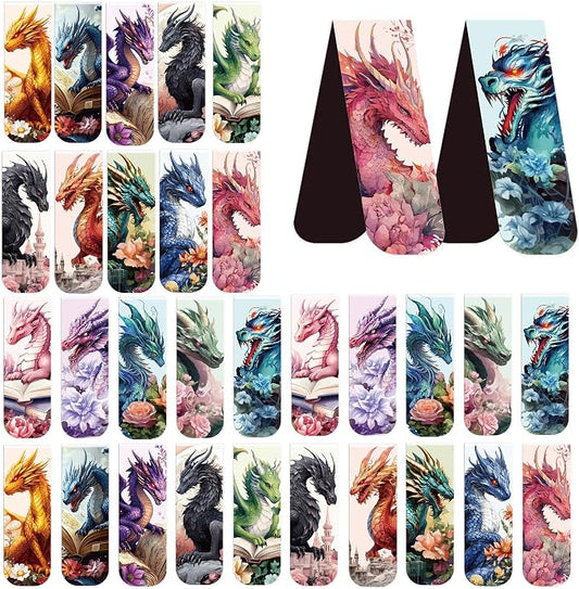 Dragon Floral Book Magnetic Bookmarks: 30 PCS Fantastic Dragon Book Mark Clips for Men Teens, Mythical Creature Book Accessories, Cool Reading Gifts for Men Boys Book Lovers, School Office Supplies