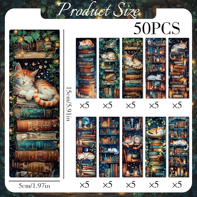 Cute Bookmark Bulk Gifts - 50 Pcs Fantasy Cats Paper Bookmarks for Women Girls Students Book Lovers Vintage Funny Page Clips School Office Reading Accessories Bookish Birthday Graduation Gift