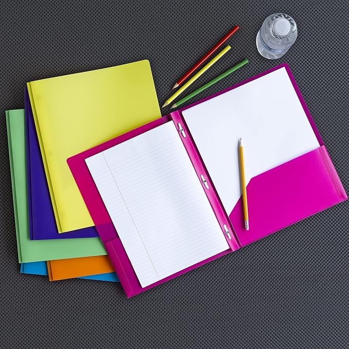 Smead Poly Two-Pocket Folder, Three-Hole Punch Prong Fasteners, Letter Size, Assorted Bright Colors, 6 Folders Total (87747)