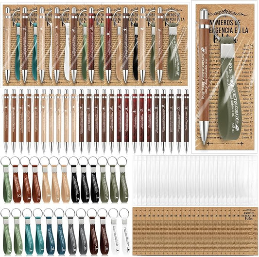 Feifeiya 25 Sets Father's Day Christian Gift Bulk Bible Verse Bamboo Pen Religious Silicone Keychain Scripture Bookmark Emergency Numbers Church Gift for Coworker Women Men(Fresh Color,Spanish)