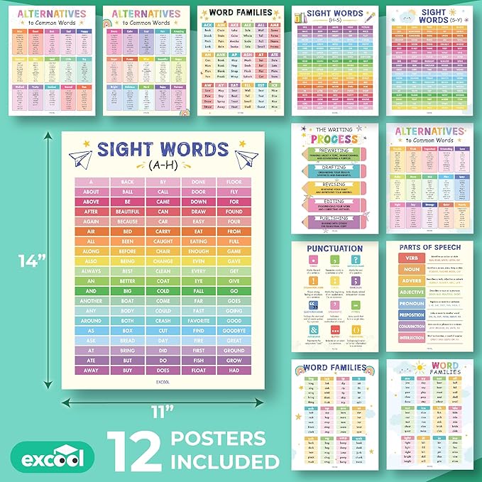 EXCOOL CLUB 12 Preschool Sight Words Poster - 11x14 Word Families Chart Educational Posters For Kindergarten Classroom Must Haves, Laminated Learning Posters For Toddlers, Homeschool, Playroom Decor
