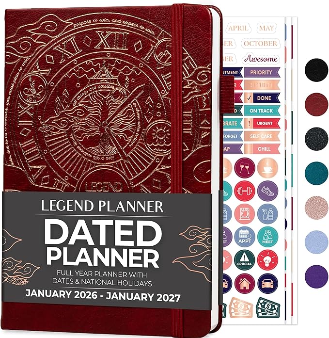 Legend Planner Jan 2026 – Jan 2027 Dated Weekly & Monthly Planner to Hit Your Goals, Increase Productivity & Live Happier. Organizer Notebook & Productivity Journal. A5 Hardcover (Wine Red)