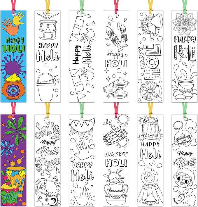 75Pcs Holi Color Your Own Bookmarks Happy Holi DIY Coloring Blank Bookmark Classroom Art Craft Supplies for Teachers Students Indian Festival Holiday Party Gift Supplies Reward Goodie Fillers