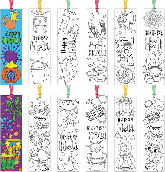 75Pcs Holi Color Your Own Bookmarks Happy Holi DIY Coloring Blank Bookmark Classroom Art Craft Supplies for Teachers Students Indian Festival Holiday Party Gift Supplies Reward Goodie Fillers