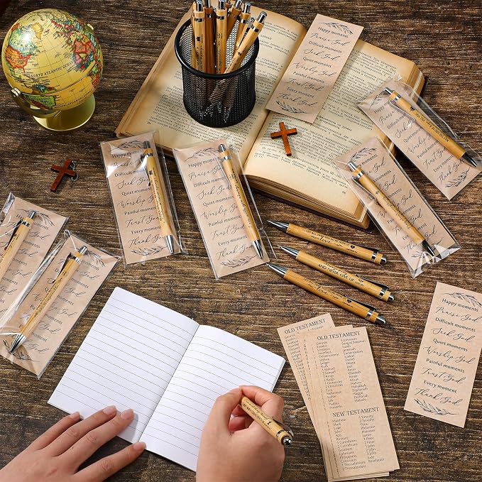 Spakon 20 Sets Fathers Day Gifts for Church Christian Pens Bulk Bible Verse Pen Religious Double Sided Emergency Numbers Bookmark for Men Women Sunday School