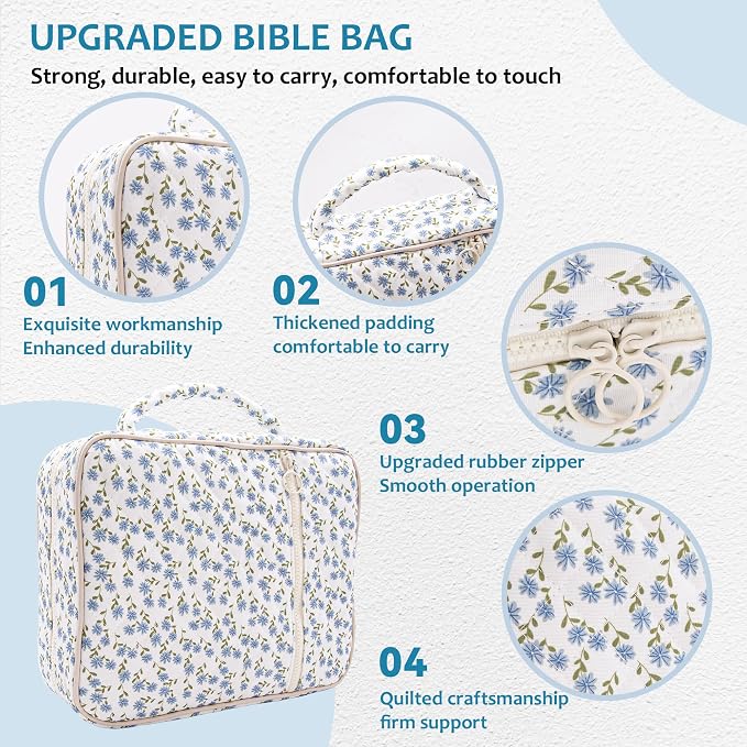 Large Bible Cover Case for Women,Quilted Bible Bag with Sturdy Handle,Bible Carrying Case for Girls Bible Study Supplies (Blue Flower, Large)