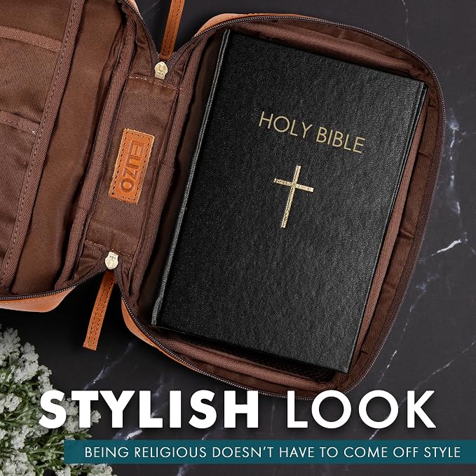 ELIZO Leather Bible Cover for Men Bible Case for Women Zippered Holder Protector Cross Church Tote Bag Carrying Organizer Sleeve Gift Standard Tan