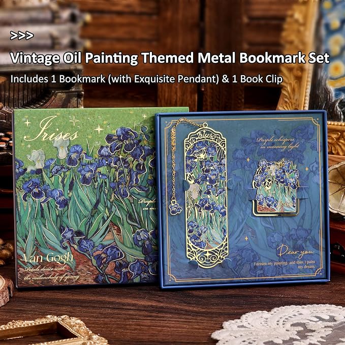 Luxury Metal Bookmark & Book Clip Gift Set, Oil Painting Themed Irises, 1 Bookmark with Pendant + 1 Book Clip, Elegant Christmas New Year Gift Box for Women Book Lovers Writers Readers Teenage