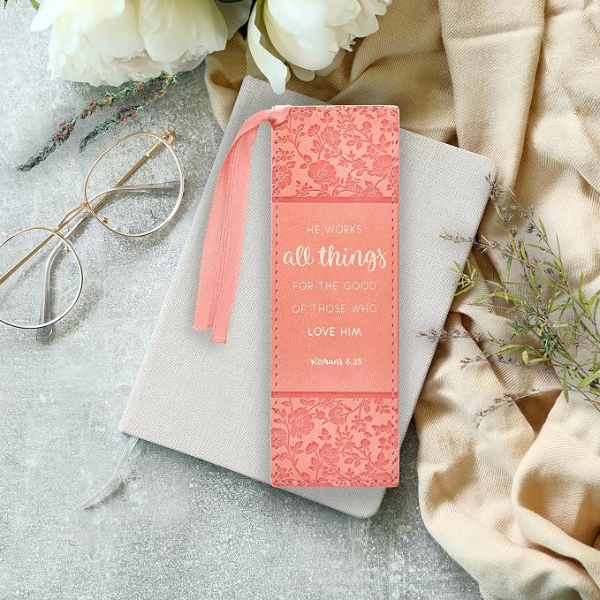 Christian Art Gifts Premium Vegan Leather Scripture Bookmark for Women: He Works All Things - Roman 8:28 Inspirational Bible Verse Heat-Debossed Reading Book Accessory with Ribbon Tassel, Peach Floral