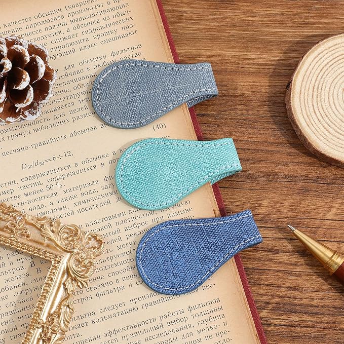 3PCS Vintage Magnetic Leather Bookmark, Leather Magnetic Bookmarks for Women, Magnetic PU Bookmarks Clip Book Accessories, Denim Pattern
