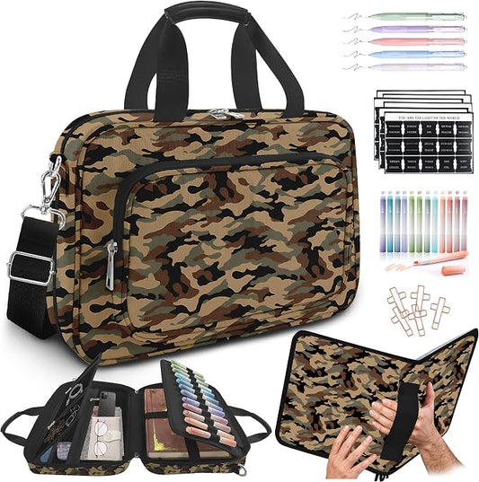Camo Bible Case Covers for Boys, Large Bible Tote Bag for Men,Bible Carrier,Bible Holder Organizer with Shoulder Strap Zipper Pocket,Bible Study Supplies Kit With Highlighters,Tabs,Pens,Christian Gift