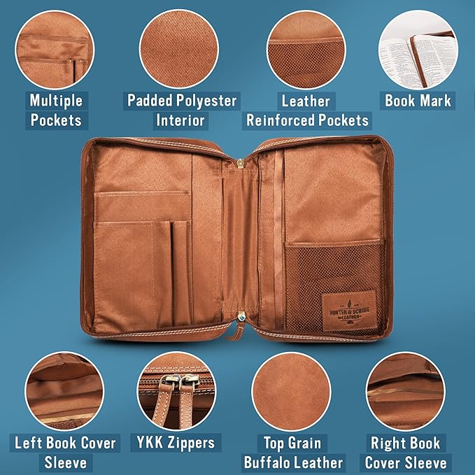 Hunter & Scribe Leather Bible Covers for Men and Women - Top Grain Buffalo Leather - Genuine Leather Bible Cover with Pockets, Zipper, and Bookmark - Bible case - Book Cover - Medium Light Brown