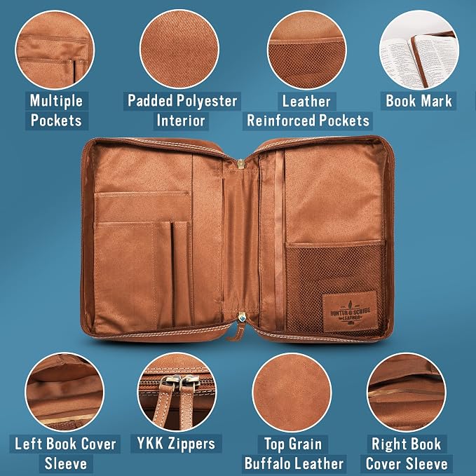 Hunter & Scribe Leather Bible Covers for Men and Women - Top Grain Buffalo Leather - Genuine Leather Bible Cover with Pockets, Zipper, and Bookmark - Bible case - Book Cover - Large Light Brown