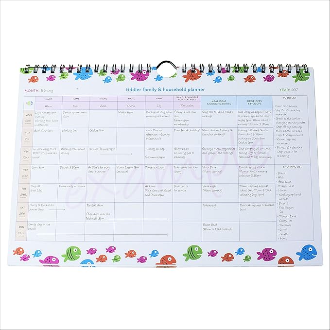 tiddler family & household planner | Undated Weekly Family Organizer/Planner Calendar | Clever Layout in A4 Size (11.7" x 8.3") | Space For 6 People & 1 Years Planning | Features (Friendly Fish)