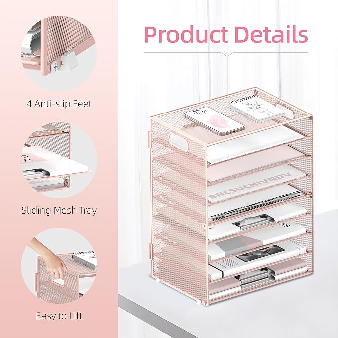 DALTACK 9-Tier Paper Organizer for Desk, Mesh Letter Tray Desk Organizer with Handles, Space-Saving File Organizer for Office Home School, Pink