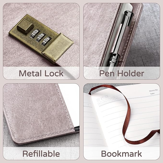 WEMATE Diary with Lock, A5 PU Leather Journal with Lock 240 Pages, Vintage Locks Journal Password Notebook with Pen, Locks Diary Planner Organizer for Men and Women, 8.6x5.8in Pink