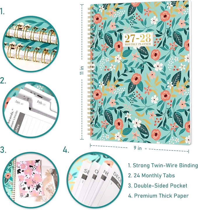 2027-2028 Monthly Planner - 2 Year Planner 2027-2028, Jan. 2027 - Dec 2028, 9" x 11", 2 Year Calendar 27-28 Monthly Planners with Tabs, Back Pocket, Twin-wire Binding - Floral