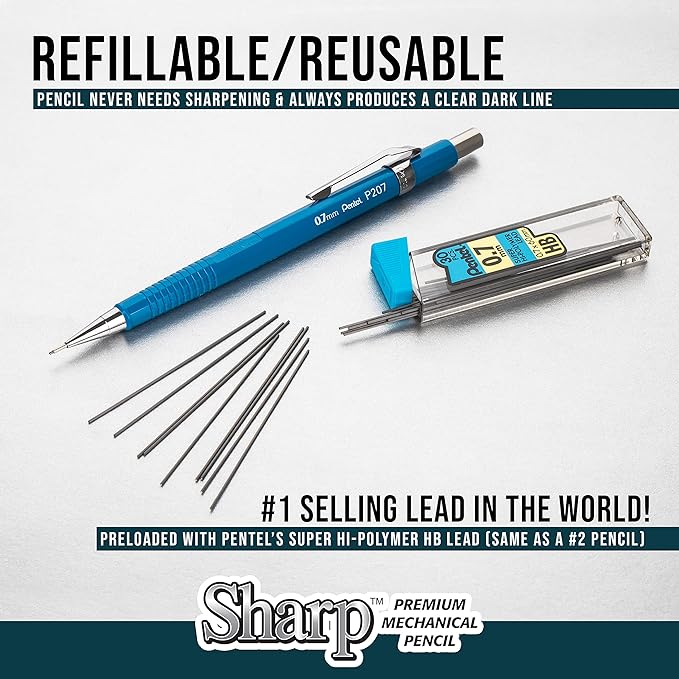 Pentel Sharp Mechanical Pencil (0.7mm), Black & Blue Barrel, 5 pack (P2057BP5AC)