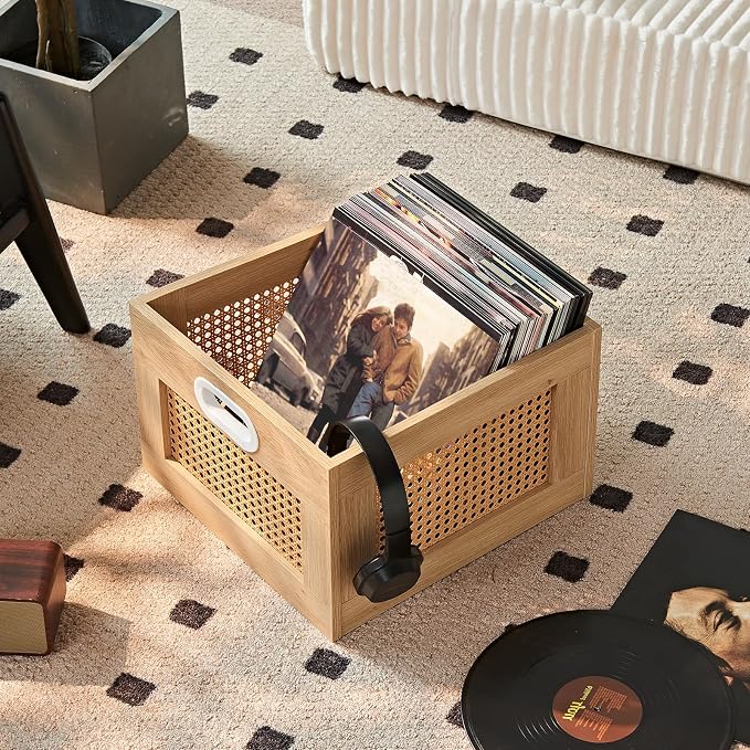 LELELINKY Vinyl Record Storage Crate, Rattan Vinyl Record Holder with Handle, Natural Wood Record Crate for Vinyls Holder up to 75 LP's, Desktop Cube Album Storage for Vinyls Records