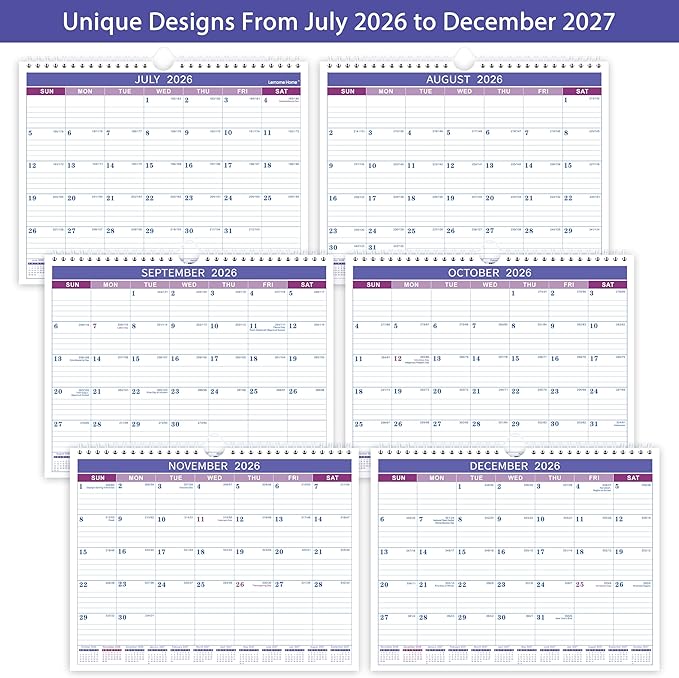 Wall Calendar 2026-2027 - Calendar 2026-2027, Jul. 2026 - Dec. 2027, 11" x 8.5", 18 Monthly Calendar 26-27, Hanging Hook + Ruled Blocks - Purple
