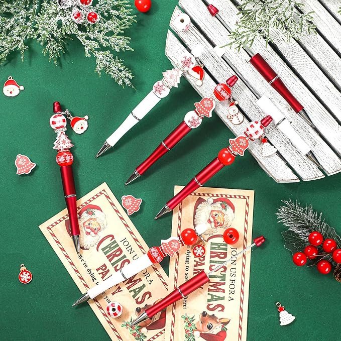 Zhanmai 20 Pcs Christmas Beadable Pens bulk with 100 Assorted Wooden Beads 20 Metal Pendants 40 Spacer Beads 25 Lobster Clasp Plastic Classic red Bead Pens for Student School Office DIY Making Gift