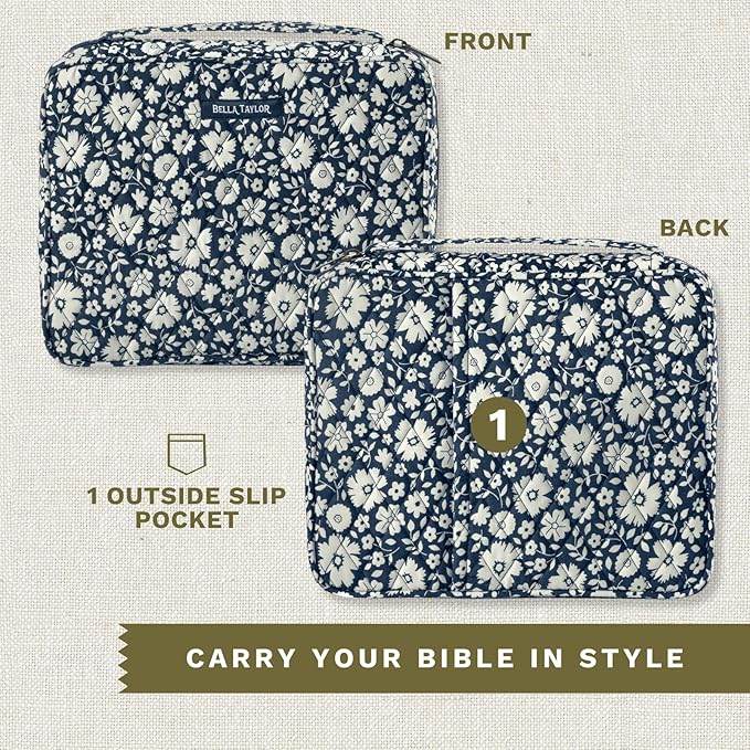 Bella Taylor Quilted Bible Cover for Women - Large Study Bible Case - Bicolor Floral Navy