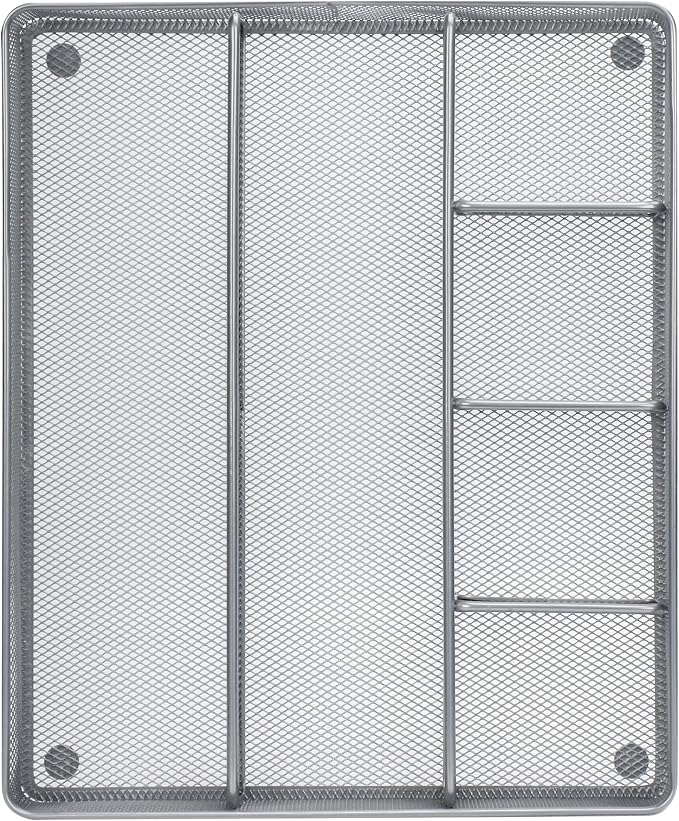 Annova Desk Top Organizer Tray for Office Organization - Metal Mesh - Storage Tray with Dividers for Pens, Desktop Accessories, Bathroom, Kitchen, Makeup and Office Supplies (Large, Silver)