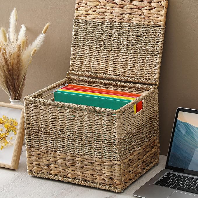 2pcs Large Decorative File Box 14 x 12 x 11 in Seagrass Hanging Organizer for Letter & Legal Size File Basket Hand Woven Filing Cabinet with Lid Collapsible Box for Home Office Decor, Water Hyacinth