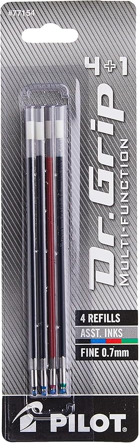 PILOT Dr. Grip 4+1 Multi-Function Ballpoint Ink Refills, Fine Point, Black/Red/Blue/Green Inks, Assorted Colors,4 Count (Pack of 1) (77154)